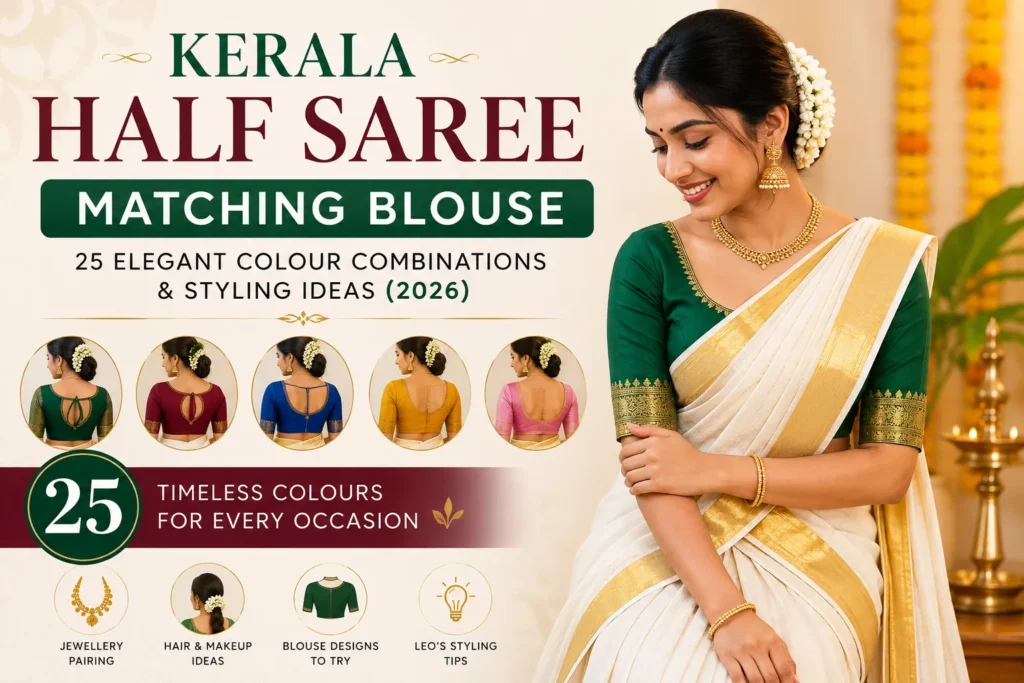 Woman wearing Kerala half saree with matching green blouse for Onam