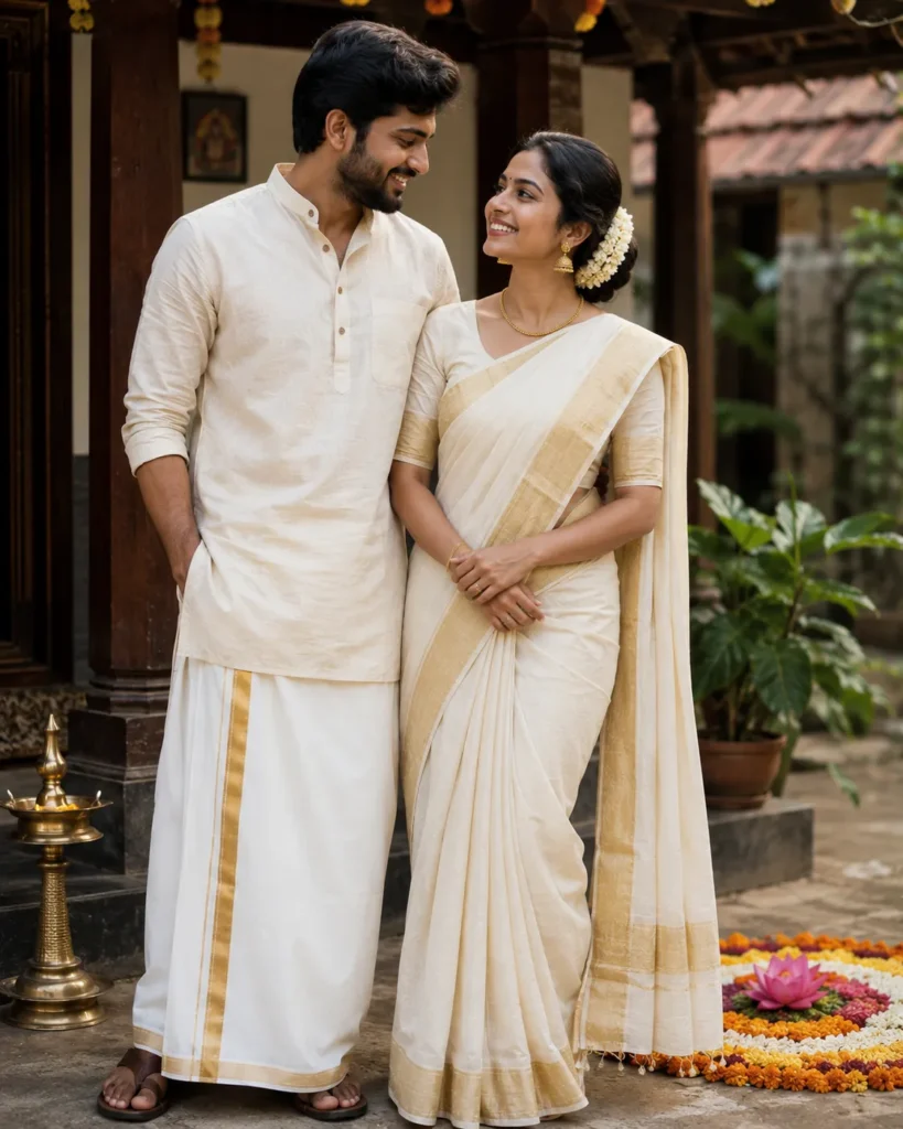 Kerala couple wearing traditional Onam outfits