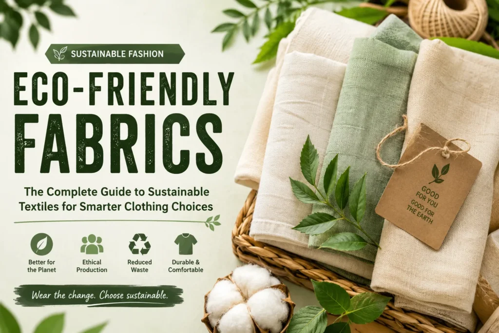 Eco-friendly fabrics including khadi, organic cotton, linen, hemp, and bamboo textiles arranged for a sustainable fashion guide