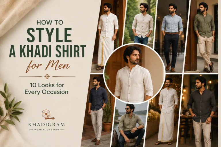 Men wearing khadi shirts styled with mundu, jeans, trousers, and chinos