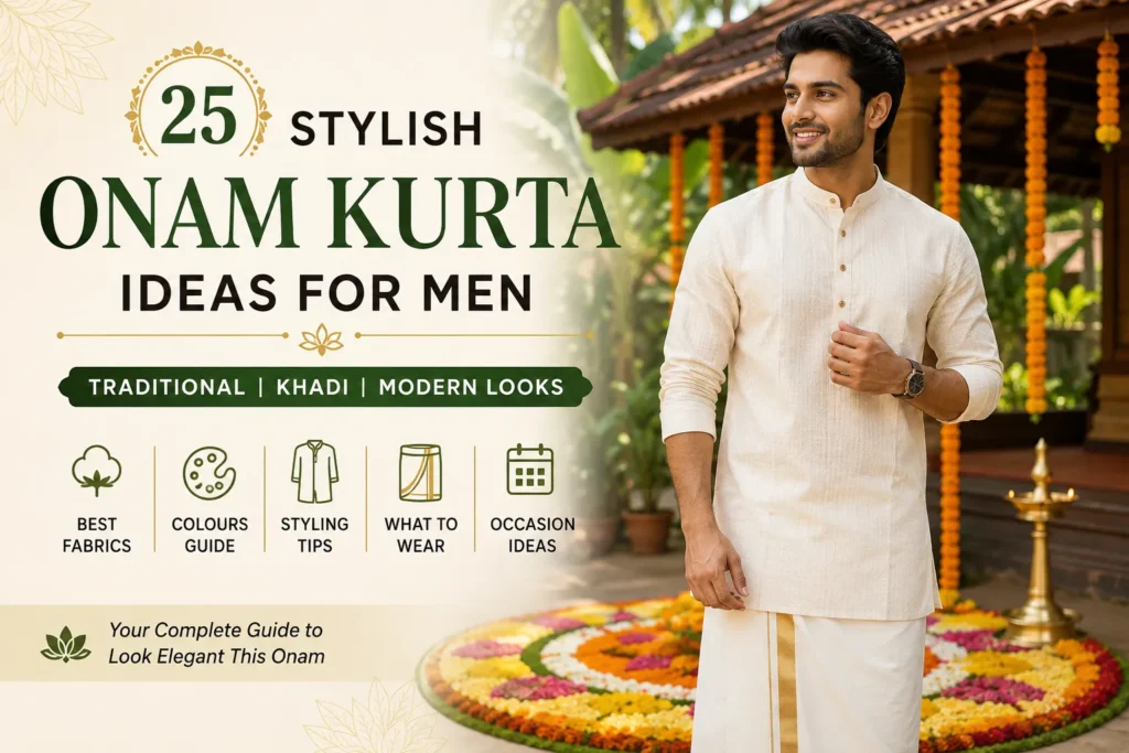 Man wearing a white khadi Onam kurta with a traditional kasavu mundu during Kerala Onam celebration